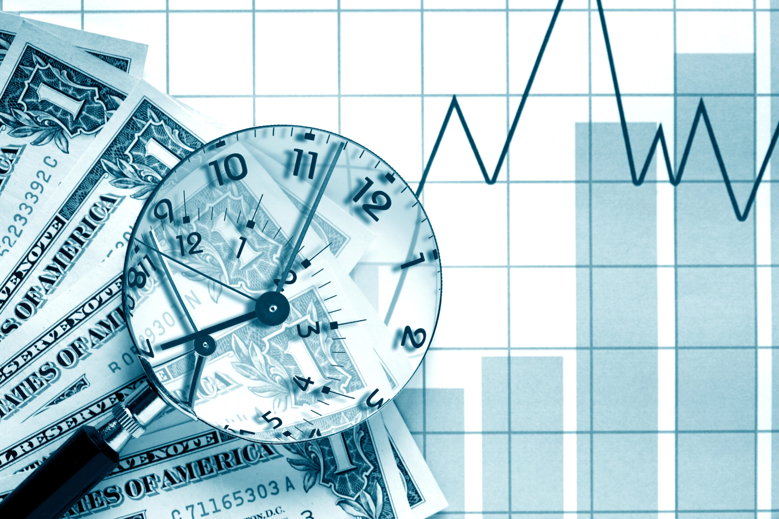 A magnifying glass over a watch face on a pile of dollar bills, with a financial graph in the background, symbolizing the relationship between time, money, and investment growth.