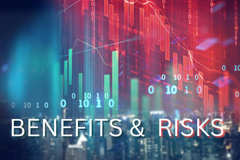 An abstract image with financial graphs and data points, with the words "BENEFITS & RISKS" superimposed on the image.