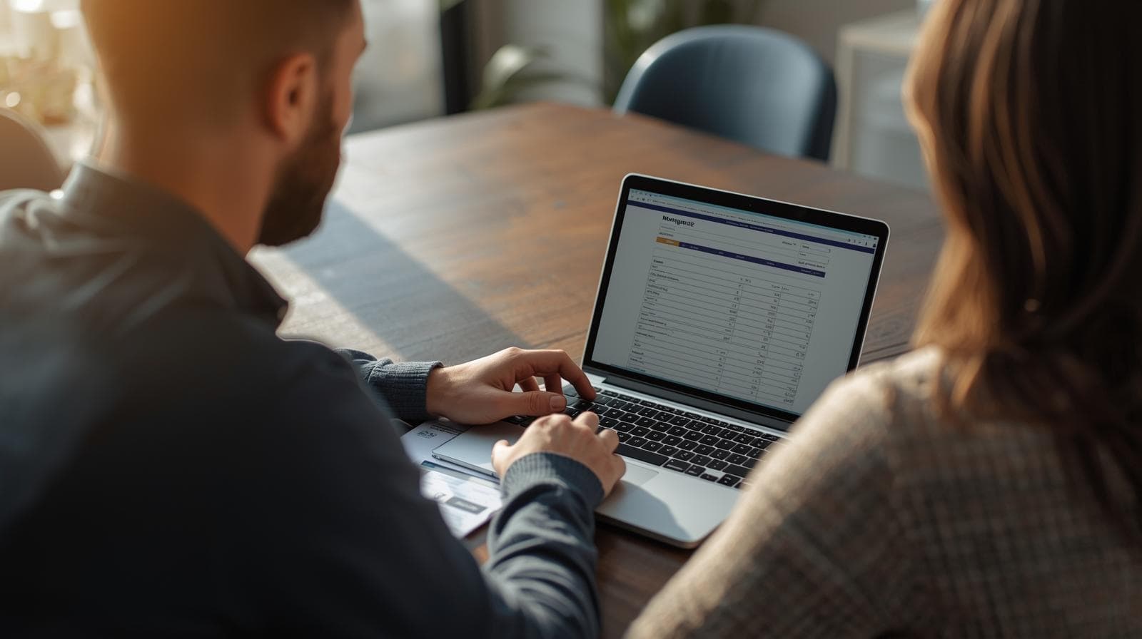 Two people at a dining table reviewing a mortgage estimate on a laptop.