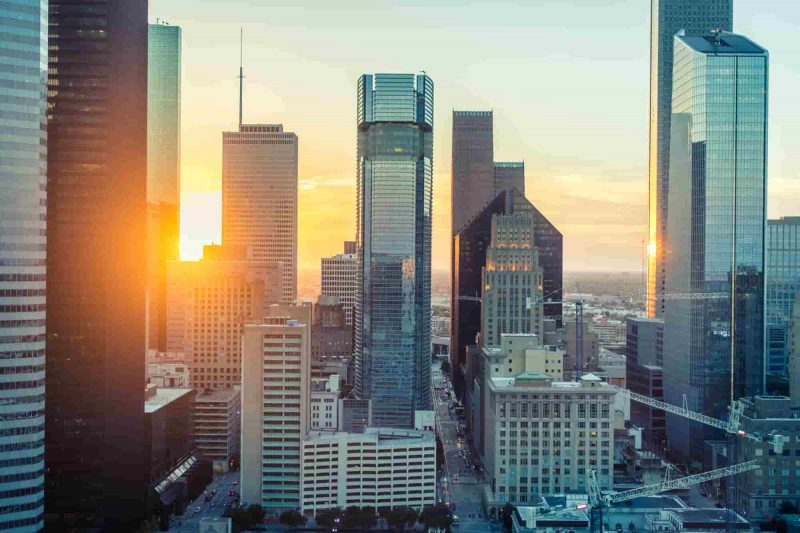 City skyline at sunset