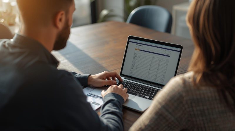 Two people at a dining table reviewing a mortgage estimate on a laptop.