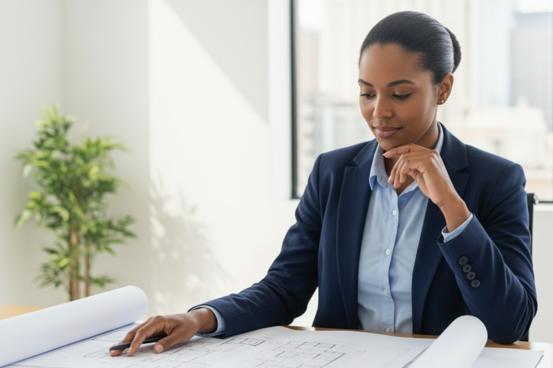 A woman in a suit reviewing blueprints at a desk, with a thoughtful expression.
