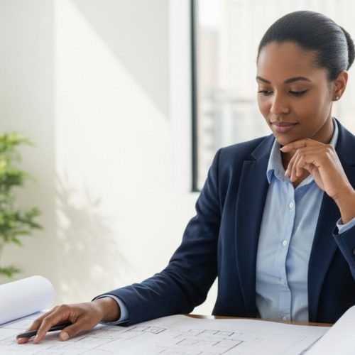 A woman in a suit reviewing blueprints at a desk, with a thoughtful expression.