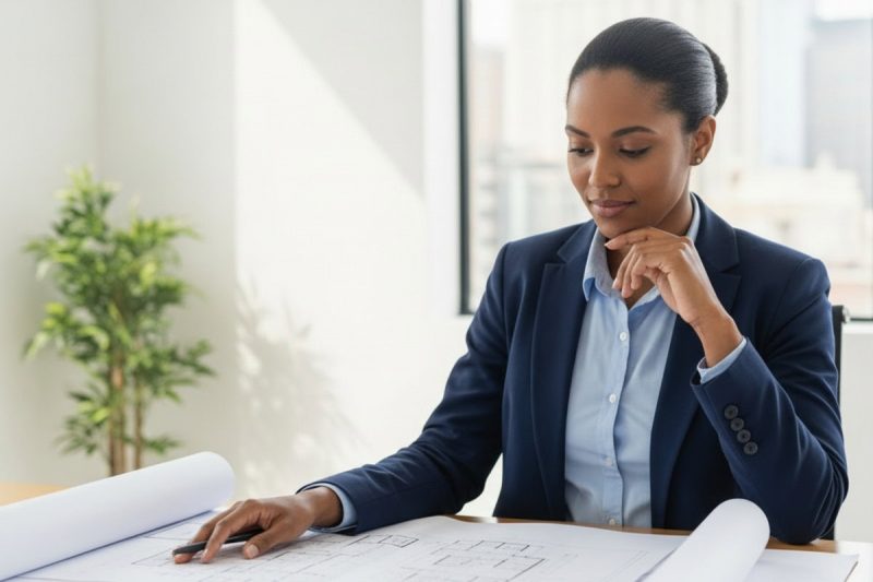 A woman in a suit reviewing blueprints at a desk, with a thoughtful expression.