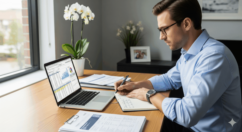 A professional man looking at a financial chart on a laptop.